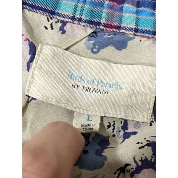 Birds of Paradis by Trovata Shirt Womens L Blue Plaid Roll Tab Sleeve Button Up - Picture 3 of 7